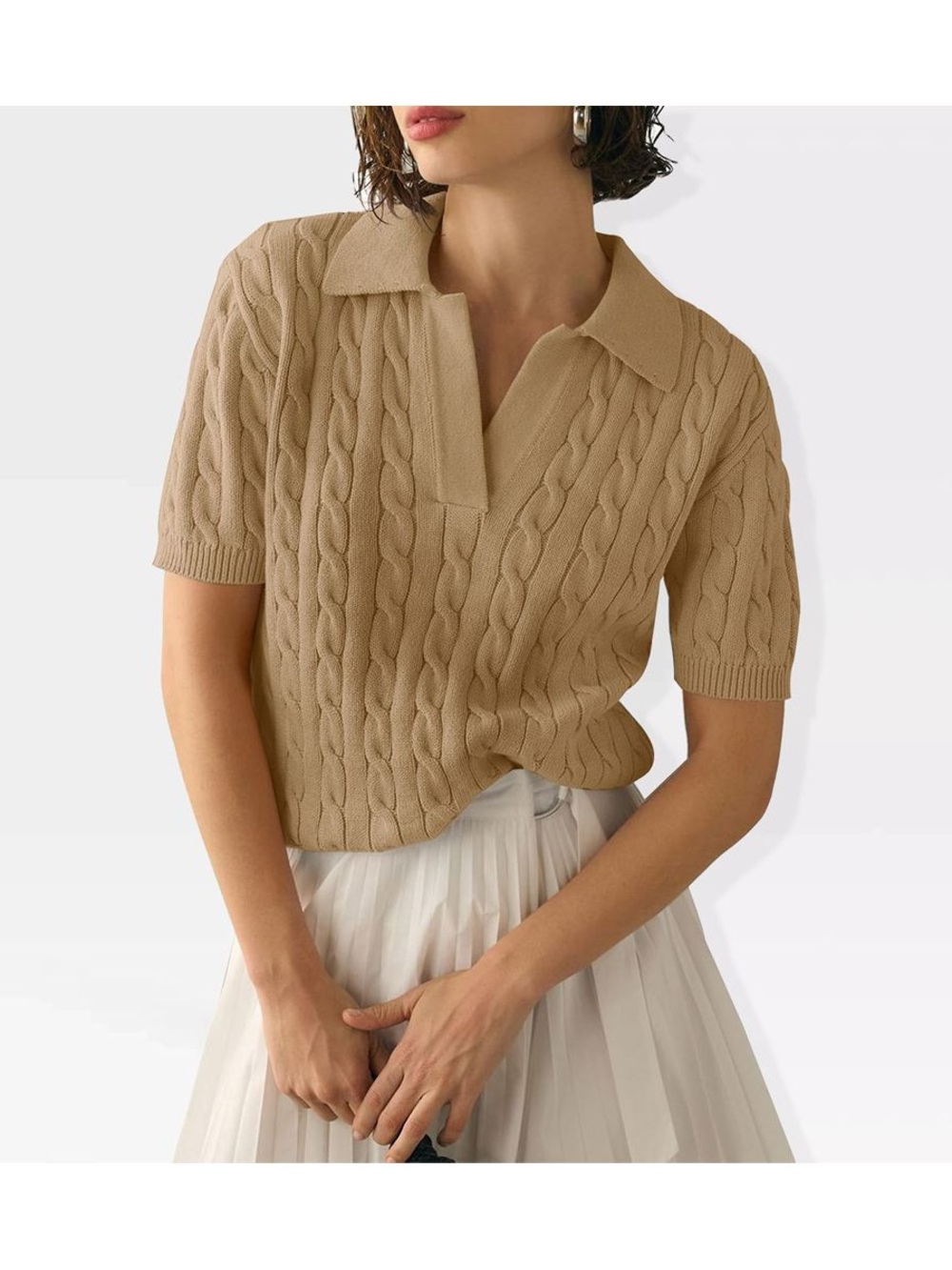 Short-Sleeve Cable Knit Polo Sweater in Beige